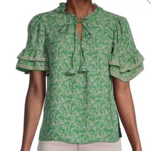 Max Studio Green  Peasant Blouse Ruffle Detail Patterned Short Sleeves Size M - Picture 12 of 13